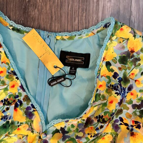 NWT Alexia Admor Maxi Slit Dress Flutter Sleeve Yellow Teal Floral Women’s Sz 6 - Picture 3 of 11